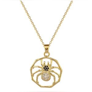 18K Gold Spider In Geometrically Frame Pave Diamond Accents Goth Punk Witchy